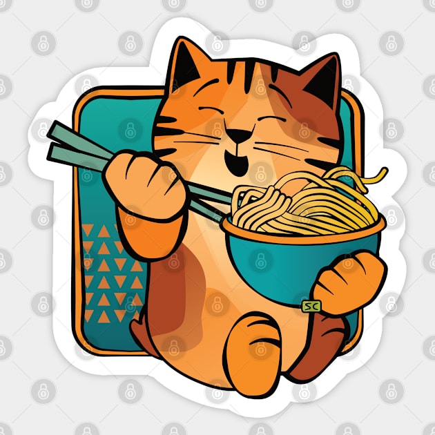 Happy Cat Eating Noodles Sticker by Sue Cervenka